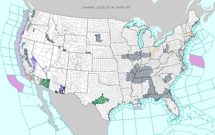 Un sistema de baja presión en desarrollo en las planicies centrales generará un corredor de precipitaciones que se extenderá hacia el valle del Mississippi, el valle del Ohio, los Apalaches y el Atlántico medio este viernes