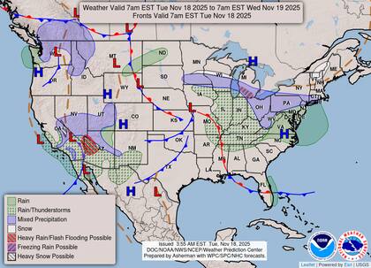 Un sistema de baja presión sobre el valle medio del Mississippi generará nieve ligera en el valle superior del Mississippi, regiones de los Grandes Lagos y partes del valle de Ohio