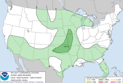 Un sistema en altura sobre las planicies del norte y el valle del Mississippi generará tormentas dispersas, algunas marginalmente severas, con granizo y ráfagas de viento