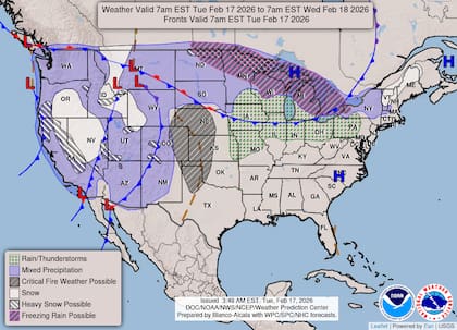 Un sistema estacionario en el Pacífico impulsará bandas de humedad subtropical hacia la costa central y sur de California, con acumulaciones previstas de hasta 5 pulgadas (12,7 cm) en zonas elevadas del sur del estado
