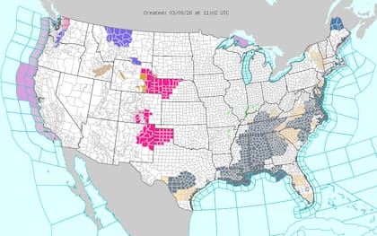 Un sistema frontal atraviesa el noroeste del país norteamericano, e impulsa lluvias costeras y nevadas en las Montañas Rocosas