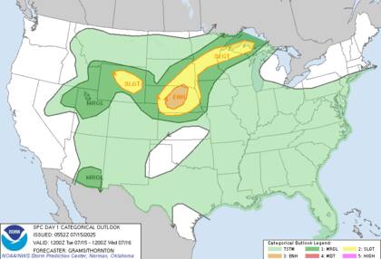 Un sistema frontal en las planicies del centro norte generará tormentas severas con granizo y ráfagas de hasta 140 km/h, especialmente en Nebraska central, donde el SPC emitió un ‘riesgo mejorado’ por posibles daños estructurales