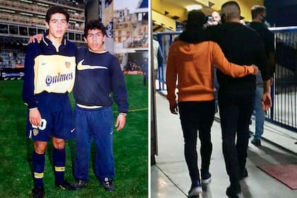 Un Tevez alcanzapelotas con un Riquelme jugador, a mediados de los noventas, y un Carlos recientemente retirado con un Román dirigente en 2021, cuando éste lo acompañó a la salida tras su decisión de dejar el fútbol.