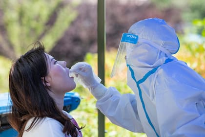 Un trabajador médico toma una muestra de una estudiante para analizar el coronavirus en la Universidad de Wuhan, el primer día de clases en Wuhan el 8 de junio de 2020