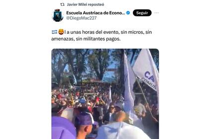 Un tuit de "Escuela Austríaca" reposteado el día del acto por el presidente Milei