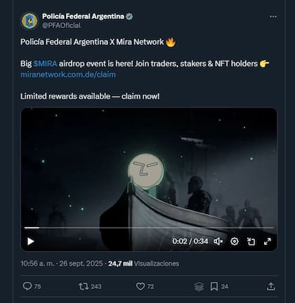 Un tuit de la cuenta oficial de la Policía Federal Argentina promocionando una plataforma cripto