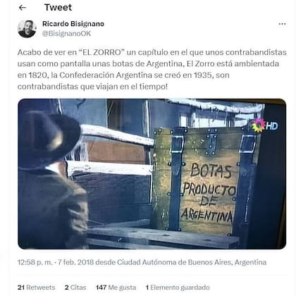 Un tuitero notó que en la época en que transcurren las aventuras de El Zorro, 1820, la Argentina todavía no tenía ese nombre