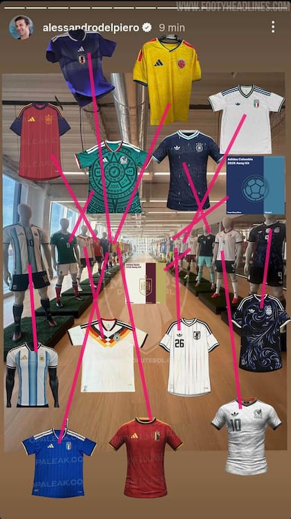 Un usuario logró identificar la mayoría de las camisetas exhibidas en el posteo de Del Piero y mostró algunos diseños.