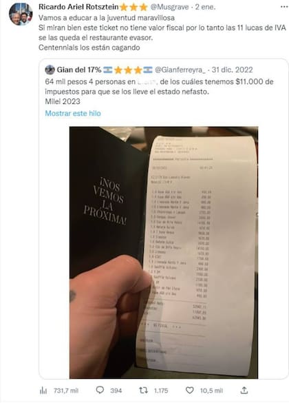 Un usuario retuiteó el mensaje de Gian quejándose por los impuestos pagados y le dio un detalle que, al parecer, él no había tomado en cuenta