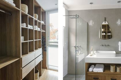 Un vestidor con lo básico en melamina 'Scotch' (Faplac). En armonía total, el baño también reúne blanco, gris y madera. Juego de ducha ‘Urbano Lever’ (FV). Toallas (Espalma). Luces (Iluminando).