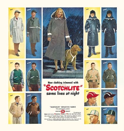 Un viejo aviso de Scotchlite, la marca que usa 3M para promover la inclusión de material reflectante en la ropa