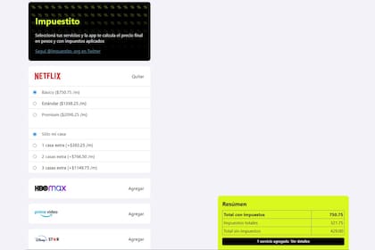 Un vistazo de cómo se ve el sitio Impuestito.org, que permite calcular el costo mensual de la sumatoria de servicios digitales contratados