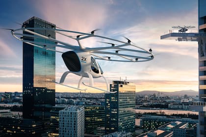 Un Volocopter; estos taxis aéreos podrían cargar pasajeros en terrazas y plataformas de los edificios