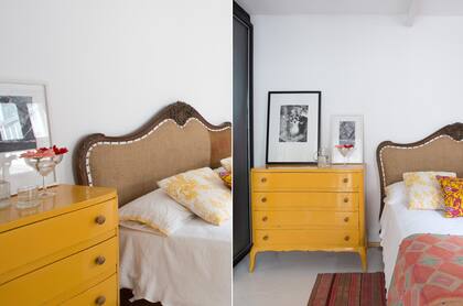Una antigua cajonera se transformó en un punto focal de este cuarto a través de su color: un energético amarillo