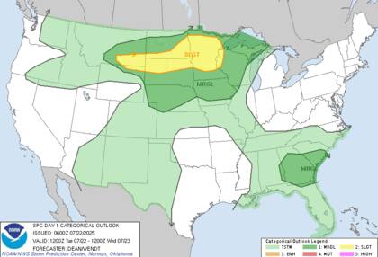 Una baja presión en Dakota del Sur podría generar supercélulas —tormentas organizadas con potencial tornádico—, especialmente hacia la noche