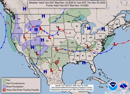 Una baja presión y un frente activo avanzarán desde el Suroeste hacia las Llanuras centrales y meridionales, con lluvias intensas y tormentas eléctricas
