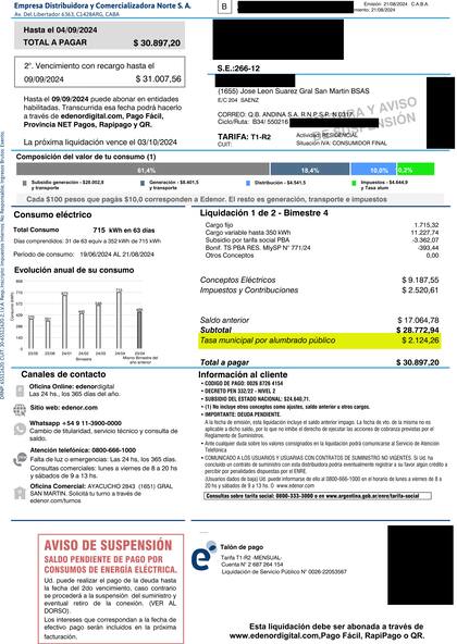 Una boleta de Edenor, en San Martín, que incluye cargos municipales