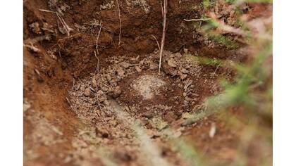 Una bomba sin explotar encontrada por técnicos de la ONG Minas Grupo Consultivo (MAG), se ve en un campo en el distrito Phaxay en la provincia de Xieng Khouang, Laos