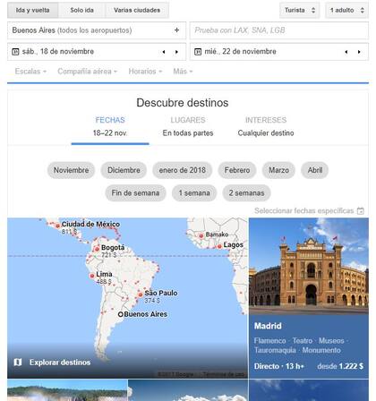 Una captura de cómo se ve Google Flights cuando se ingresa una búsqueda por primera vez