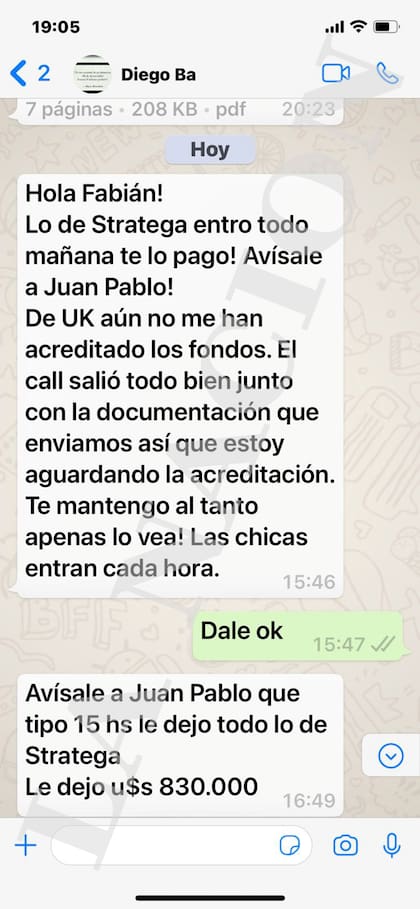 Una captura de conversación entre el financista Diego Pasztor y Fabián Saracco que apareció en el teléfono de Beacon.