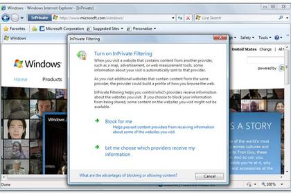 Una captura de pantalla de la función InPrivate, que permite una navegación web anónima en equipos públicos de uso compartido