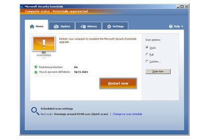 Una captura de pantalla del antivirus de Microsoft, Security Essentials