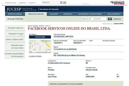 Una captura de pantalla del registro comercial que realizaron los apoderados legales de Facebook en Brasil