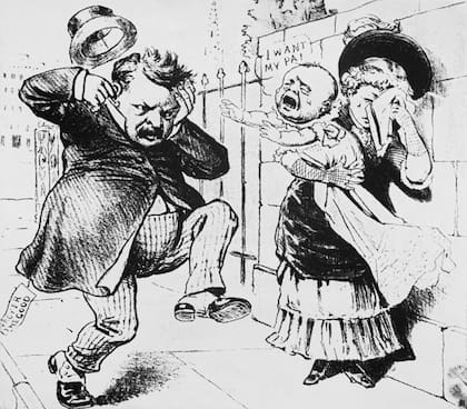 Una caricatura de 1884 que muestra al candidato presidencial demócrata Grover Cleveland atormentado por un hijo ilegítimo