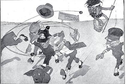 Una caricatura de lo que fue el conflicto entre el municipio porteño y el ejército por la posesión de las tierras de La Sportiva, un escándalo que sucedió en junio de 1914