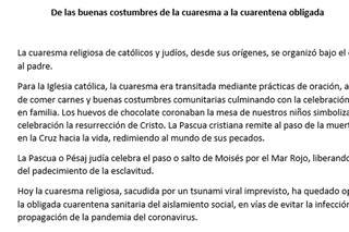 "La cuaresma religiosa ha quedado opacada por la obligada cuarentena"