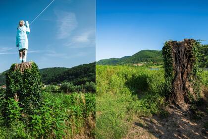 Una combinación de fotos muestra la estatua de Melania Trump y los restos carbonizados de un tronco de árbol que alguna vez sirvió de pedestal a la estatua, en Sevnica, Eslovenia