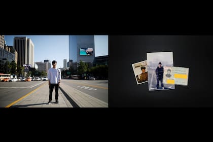 Una combinación de imágenes muestra a Lee Oui-ryuk, de 29 años, posando para una fotografía y sus fotografías y su tarjeta de identificación de Corea del Norte, en Seúl, Corea del Sur. Oui-ryuk es de Onsong, cerca de la frontera con China.