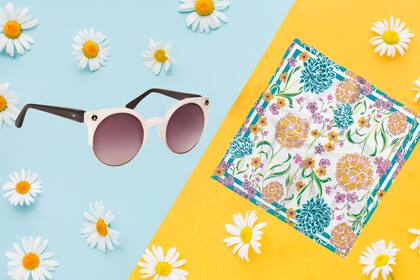 Una combinación que no falla, al estilo de las divas doradas del Hollywood de los 50: anteojos y pañuelo de seda