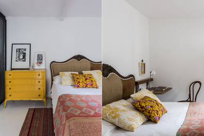 Una cómoda antigua pintada de un intenso amarillo se transforma en el punto focal en este cuarto de paredes blancas