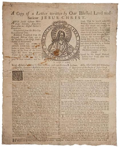 Una copia de la carta celestial, «escrita por Nuestro Bendito Señor y Salvador Jesucristo (...) Transmitida desde la Ciudad Santa por un judío converso» y «firmada por el Ángel Gabriel».