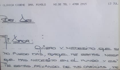 Una de las cartas de Rímolo para Soldán: le imploraba por su amor y compañía desde la cárcel