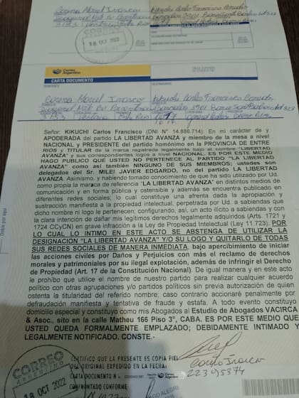 Una de las cartas documento que Ivascov envió a Kikuchi, solicitando abandonar el nombre de la "Libertad Avanza"