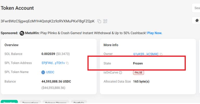 Una de las cuentas que tiene sus USDC congelados