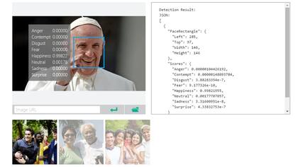 Una de las demostraciones de Project Oxford de Microsoft, que permite analizar las expresiones de una persona retratada