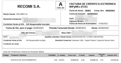 Una de las facturas que Recomi le emitió a la AFA