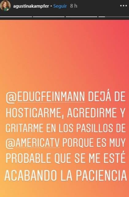 Una de las historias que Agustina Kämpfer le dedicó a Eduardo Feinmann antes de denunciarlo