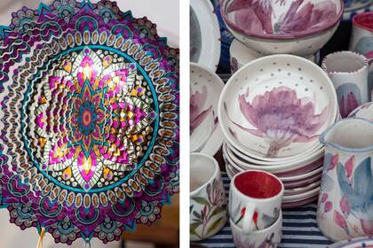 Una de las mandalas de viento de QQ Positivo, firma que crea objetos artísticos con sentido, para conectarse con lo esencial. A la derecha, algunas de las piezas de cerámica pintadas de Benteveo, ideales para completar la vajilla e ir preparándose para las mesas de fiestas y asados de verano.