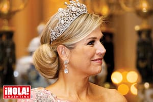 Una de las más espectaculares de su cofre. Máxima lució la tiara Stuart, cuya pieza central es el impresionante diamante Stuart, de 40 quilates. Para la cita en Estocolmo, la tiara –que fue creada por Eduard Schürmann & Co, con 900 diamantes y tiene la particularidad de ser modificable– no contó con el gran diamante
protagonista. Los pendientes son del mismo juego y el broche de gran tamaño que llevó la Reina está formado por un lazo decorado con cinco diamantes rosas del que cuelgan tres perlas en forma de pera.