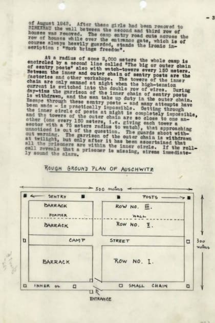 Una de las páginas del informe Vrba-Wetzler, con uno de sus esquemas
