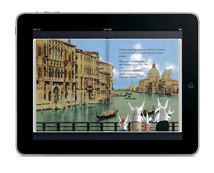 Una de las páginas del libro para chicos Olivia va a Venecia, de Ian Falconer, tal como se ve en el iPad