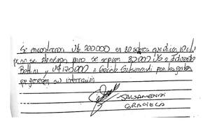 Una de las pruebas incorporadas al expediente, el escrito donde la psicóloga admitió quedarse con 170.000 dólares de las víctimas