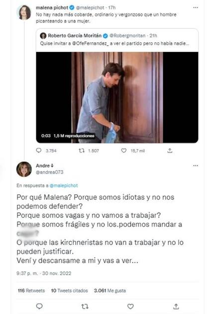 Una de las respuestas que recibió Malena Pichot por relacionar la provocación de Garcia Moritán a Ofelia Fernández con un caso de desigualdad de género