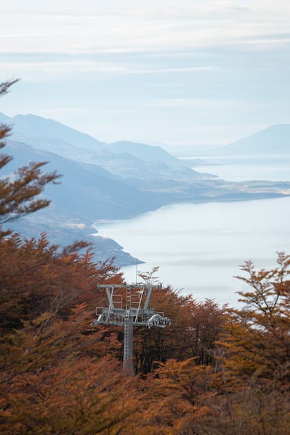 Una de las torres del nuevo sistema se recorta sobre el bosque fueguino, con el canal Beagle al fondo.
