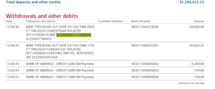 Una de las transferencias de US$20.000 a Alejandro E Almaraz desde la cuenta de TourProdEnter