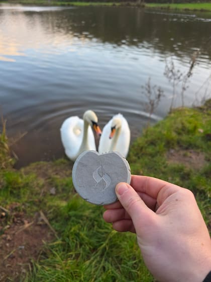 Una de sus piedras mágicas junto a los cisnes de un lago